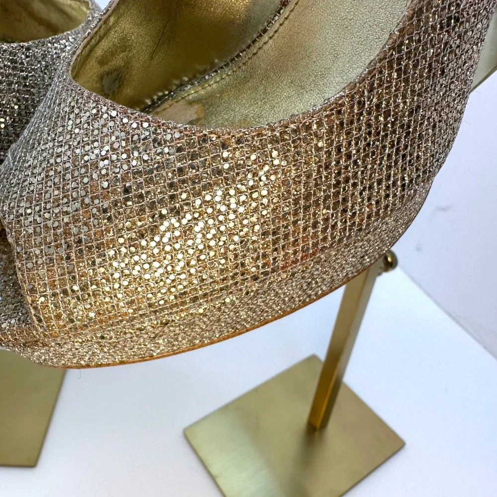 Michael Kors Gold Glitter Peep Toe Platform Pumps Stiletto Heels‎ Womens 9M